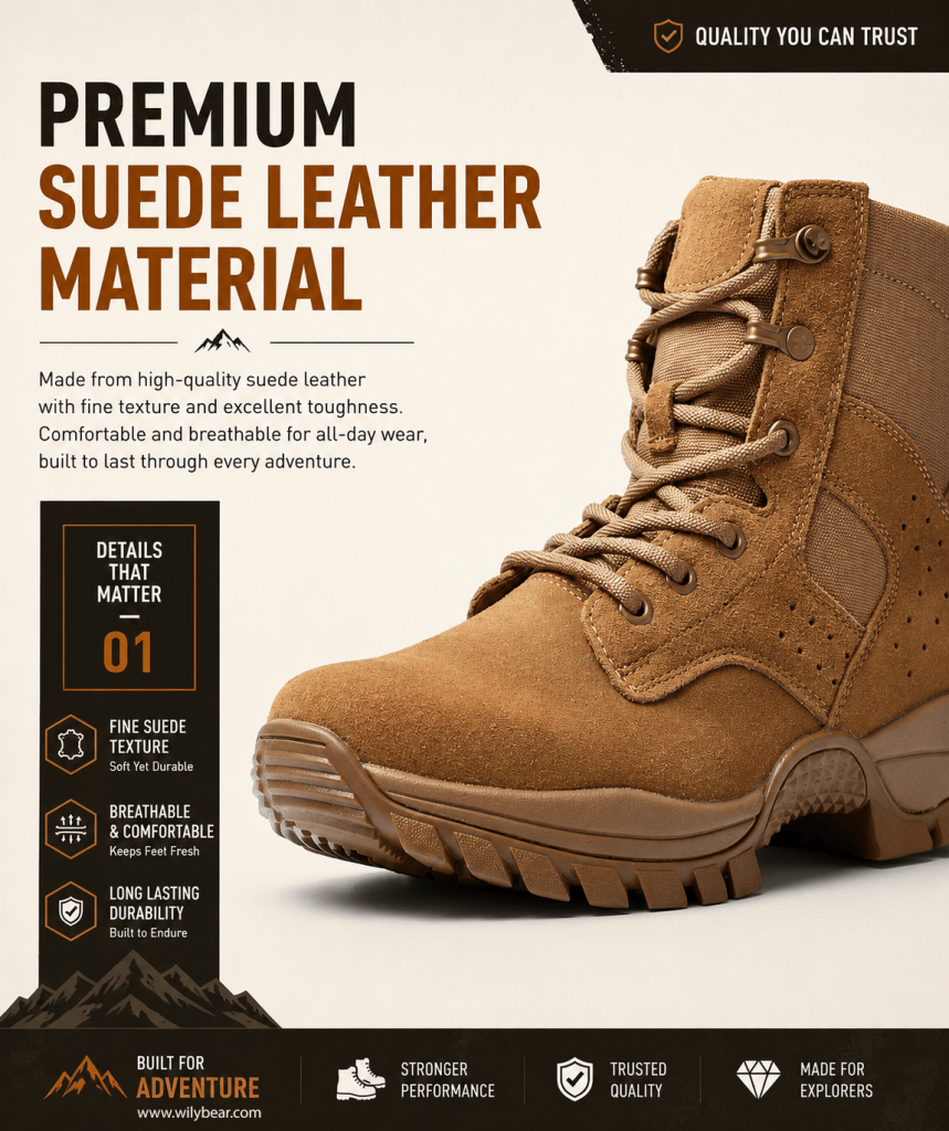 Side profile view of the water-repellent tactical hiking boot in sand khaki color